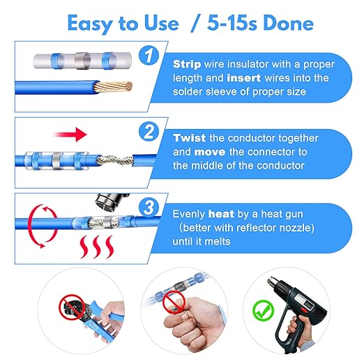 Kuject 400PCS Solder Seal Wire Connectors AWG 16-14, Blue Heat Shrink Butt Connectors Terminals Solder Sleeve Waterproof Wire Splice Connector for Marine Boat Wire Joint
