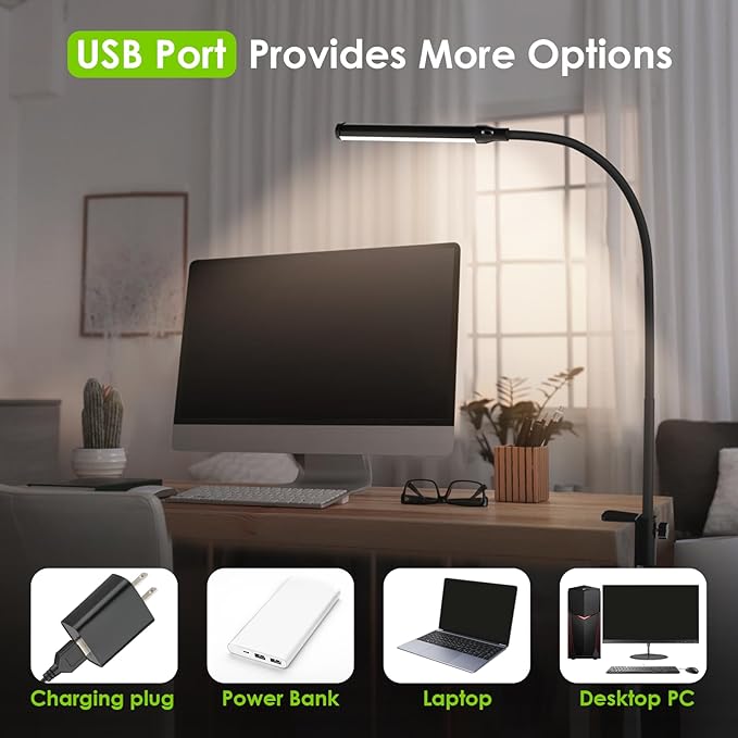 ShineTech LED Desk lamp with Clamp, 4000K Natural White 11 Brightness Level Eye-Caring Clip Lights for Home Office, Flexible Gooseneck USB Adapter, Black