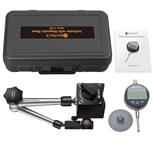 Neoteck Digital Dial Indicator Gauge and Magnetic Base Set with Storage Case 0-1 inch/ 25.4mm, 0.0005inch/0.01mm Inch/Metric Conversion Measuring Tool for 3D Printer Lathe Workshop Woodworking-Silver