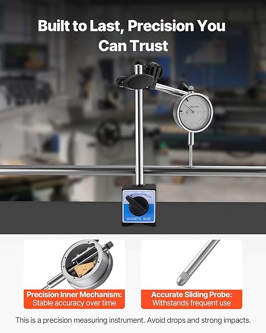 VEVOR Dial Test Indicator with Dual Rod Stand and Storage Case, 0.001 inch Accuracy, 0-1 inch Range, Fine Adjustable Long Arm, Non-Magnetic Centering Rods for Machine Set-Up, Narrow Area Measurement