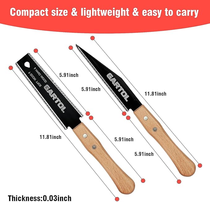 GARTOL Hand Saw for Wood Cutting, 2-Piece Japanese Pull Saw with 6-Inch Flush Cut & Double-Edged SK5 Flexible Blade & Wooden Handle, Precision Woodworking Tools for DIY, Crafting, Carpentry, Trim Work