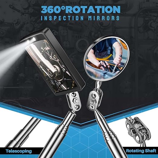 3PCS Telescopic Inspection Mirror,Stainless Steel LED Telescoping Inspection Mirror,Portable 360 Degree Rotating Mechanic Mirror with Long Handle Tool(Oval, Round,Square)