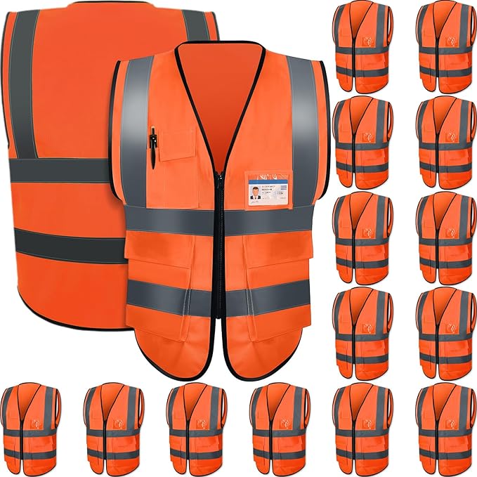 15 Pack Reflective Safety Vests with Pockets and Zipper High Visibility Vest Construction Work Vest for Men Women(Orange Red, X-Large)