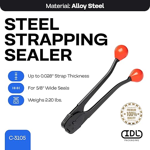 IDL Packaging C-3105 Double-Notched Front-Action Sealer/Crimper for 5/8" Steel Strapping - Hard and Durable Steel Construction - Professional Gear with High-Strength Sealing Action