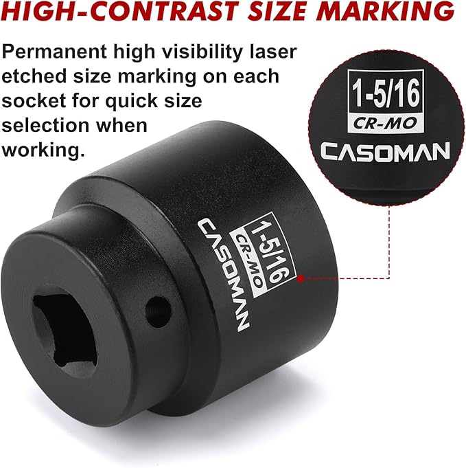 CASOMAN 1/2" Drive x 1-5/16" Impact Socket, 6-Point, SAE, CR-MO