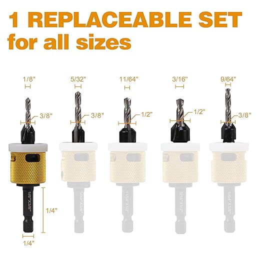 Generic 5 Count Carbide Tipped Countersink Drill Bit Set with Low Friction Depth Stop, 1/4" Quick Change Hex Shank for Wood, Plastic, Woodworking