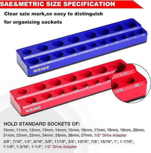 1/2 Inch Magnetic Socket Organizer, NOEAIKE 2-Pack Metric &SAE Socket Holder Set 1/2" Drive Socket Trays, Holds 35 Pcs Standard Sockets(Socket not Included)