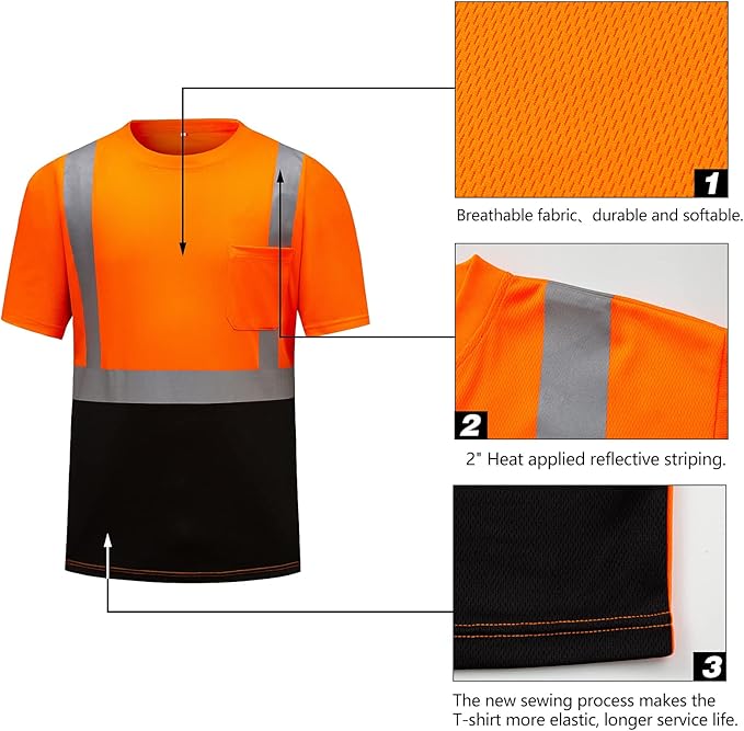 High Visibility Shirts Quick Dry Safety T Shirts with Reflective Strips and Pocket Short Sleeve Mesh Hi Vis Construction Work Class 2 Shirt for Men/Women Black Bottom Orange,5XL