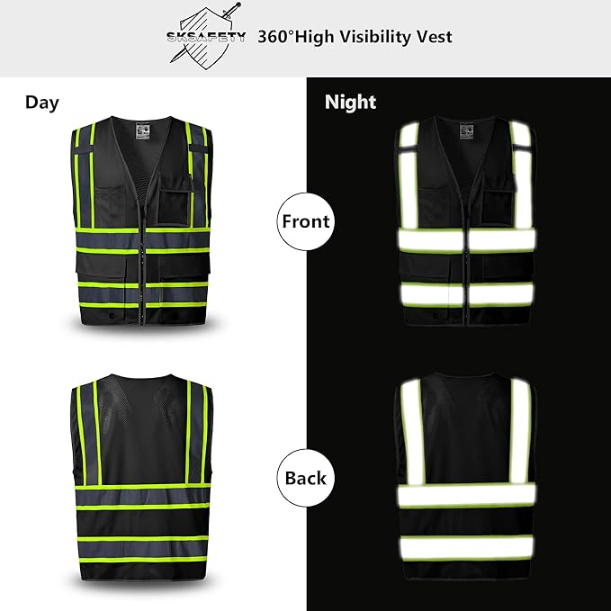 SKSAFETY 10 Pockets Safety Vest, Class 2 High Visibility Security with Zipper Back Mesh, Hi Vis Vest with Reflective Strips, ANSI/ISEA Standard, Construction Work Vest for Men ＆ Women （Black, L）