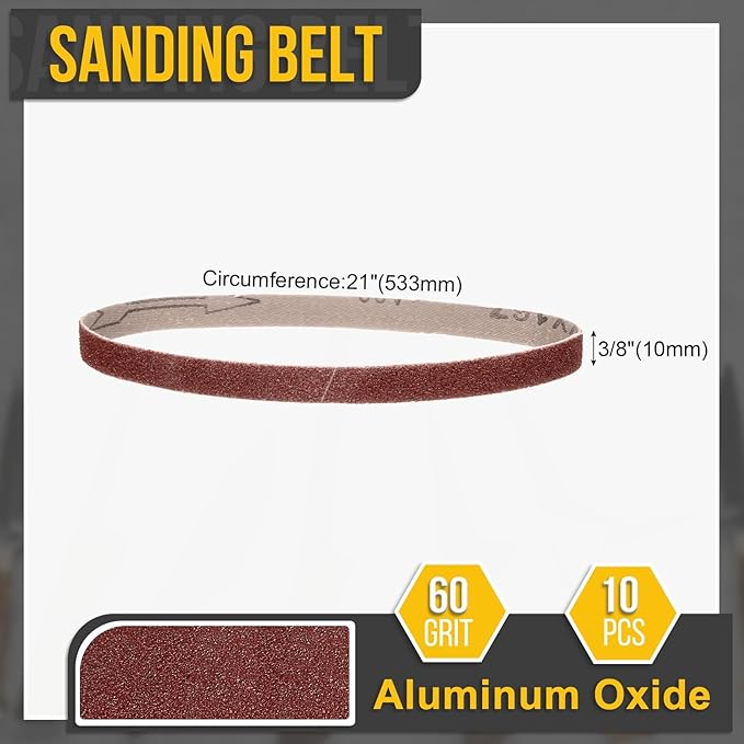 3/8 x 21 Inch Sanding Belt, 10 Pcs 60 Grit Knife Sharpener Belts Work Sharpening for Belt Sander Knife Carving Tool Metal Working