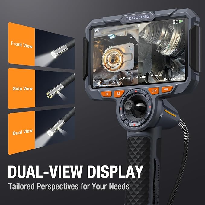 Teslong Dual Lens 360 Articulating Borescope with 6” Monitor, Inspection Camera with 4-Way Joystick Articulation, HD Steerable Endoscope with Light, See in Wall Engine Hole Camera(0.24inch-5FT)