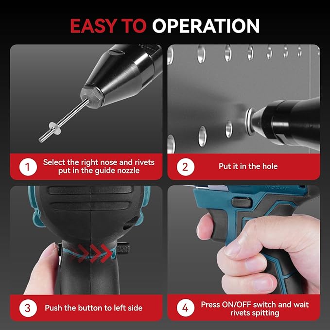 Cordless Rivet Gun with 2PCS Batteries and 1.2A Fast Charger, Brushless Electric Rivet Gun, 0.78" Stroke Length, Rivet Gun Kit for 1/8", 5/32", 3/16" Stainless & Aluminum Rivets