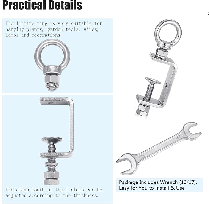 C Clamp – 304 Stainless Steel Beam Clamps with M10 Screw Ring | Adjustable, Rust-Resistant I Beam Clamps for Ring Beams, Welding, Woodworking, Plants & Desk Use. Wide Jaw Openings (55MM)2-Pack