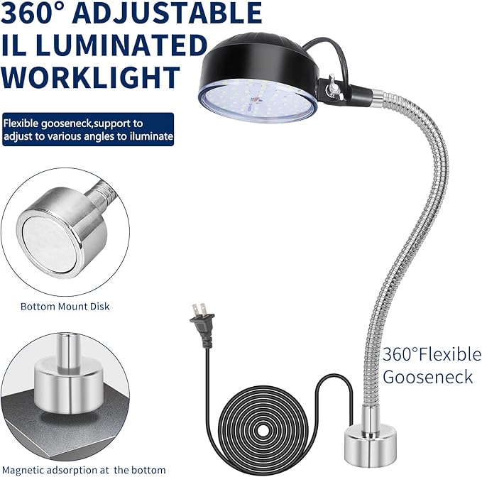 20W WangJiaTai Magnetic Work Light, LED Machine Work Light with 16 in Flexible Gooseneck and Magnetic Base, Shop Tool Lamp for Lathe, Work Bench,Machine,Grill,Industrial Lighting, 2000Lumens, Silver