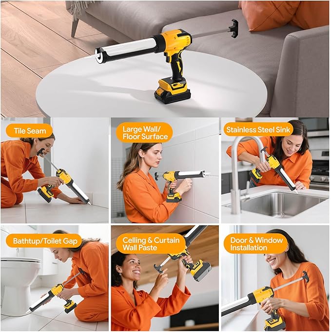 Cordless Caulking Gun Compatible with DeWalt 20V Max Battery (Tool Only) 10oz Electric Caulking Gun with Anti-Drip, 6-Speed,LED Light – Ideal for Sealing, Filling & Repairing Windows, Bathrooms