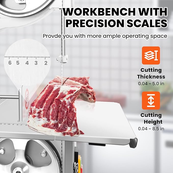 1500W Commercial Bandsaw Machine, 19x14" Stainless Steel Worktable, Cuts 0.04-5.0" Thickness Electric Bone Saw Machine, Frozen Meat Cutter with 8 Blades Included, for Rib Pork Beef