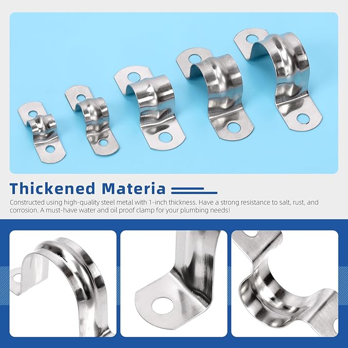Glarks 50Pcs M8 Pipe Strap Clamp, 304 Stainless Steel 2 Hole Strap Heavy Duty Rigid Pipe Strap U Bracket Tube Strap Cable Clamp Hanger Tension Tube Clip for Pipe Tube Cable Fixing (25mm (1"))