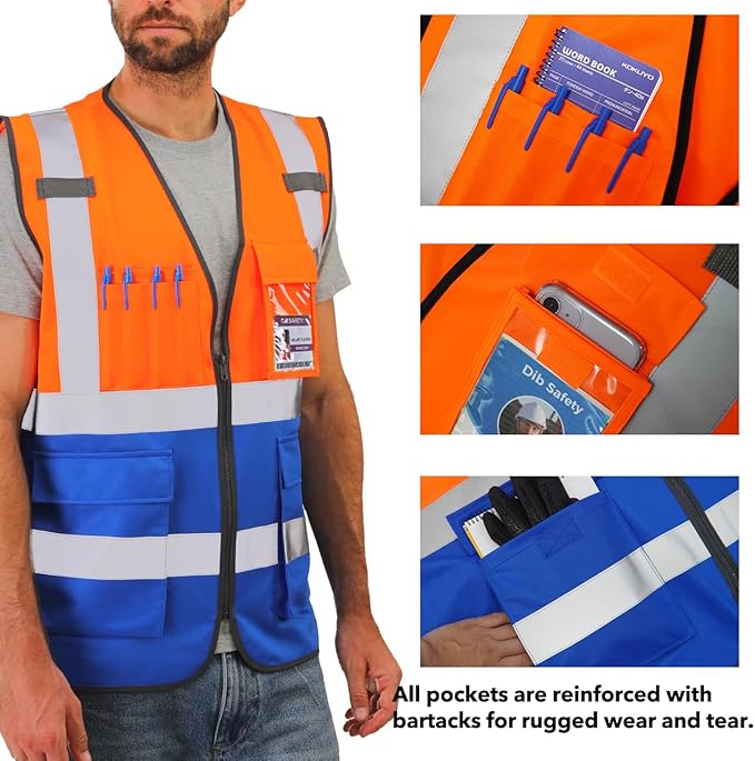 Dib Safety Reflective Vest High Visibility with Pockets and Zipper, Orange and Blue XL