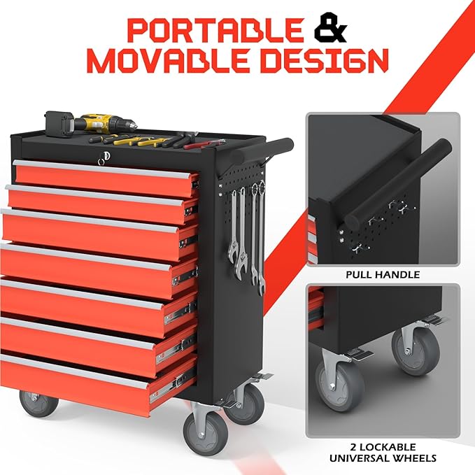 7-Drawer Rolling Tool Chest,Metal Rolling Tool Chest with Wheels and Locking Tool Box,Portable Metal Tool Box for Warehouse,Garage, Repair Shop, Workshop (Blackred, 7-Drawer)