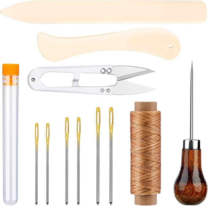 Wonvoc 12 Pieces Bookbinding Kit with Bone Folder, Awl, Waxed Thread, Needles, Starter Set for DIY Book Binding, Journal Making, Leather Craft