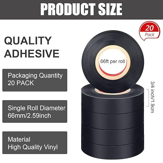 Treela 20 Rolls Electrical Tape 3/4 Inch Waterproof Vinyl Electrical Insulating Tape Flame Retardant Indoor Outdoor High Temperature Resistance Accessory for Wire and Cable(Black,66 ft)