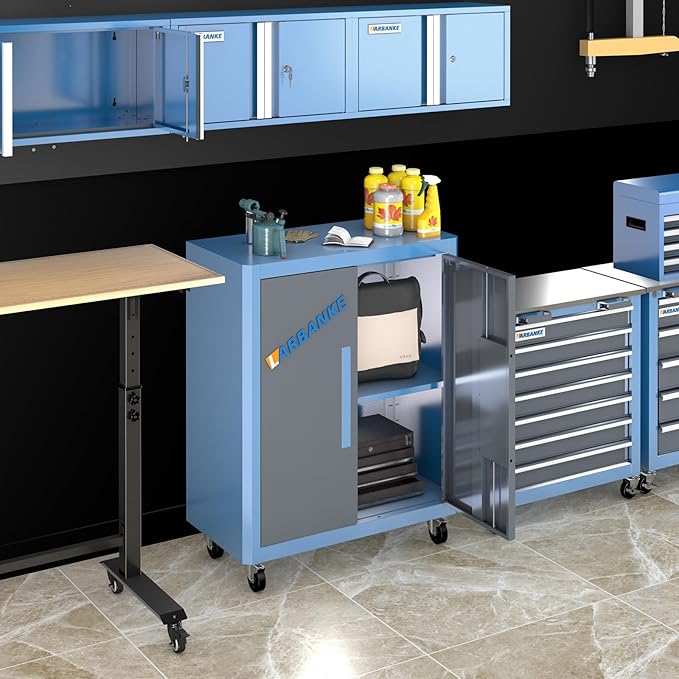 Upgraded Double Door Tool Chest with Locking System,Rolling Tool Chest with 360° Swivel Casters and Foot Pads,Large Tool Cabinet with Movable Partition for Different Needs,Large Assembly Box