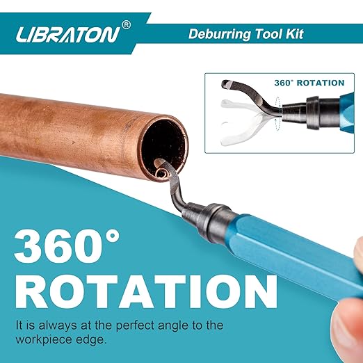 Libraton Deburring Tool with 11 High Speed Steel Blades (BS1010), 360 Degree Rotary Head Deburring Tool for Metal, Resin, Aluminum, Copper, Plastic, 3D Printing, Wood