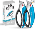 Box Cutter Retractable Utility Knife - Two Pack Heavy Duty Box Cutter Knife Cardboard Cutter - Box Opener Razor Knife - Box Knife Carpet Cutter with 5 Sharp Utility Blades (Blue 2 Pack)