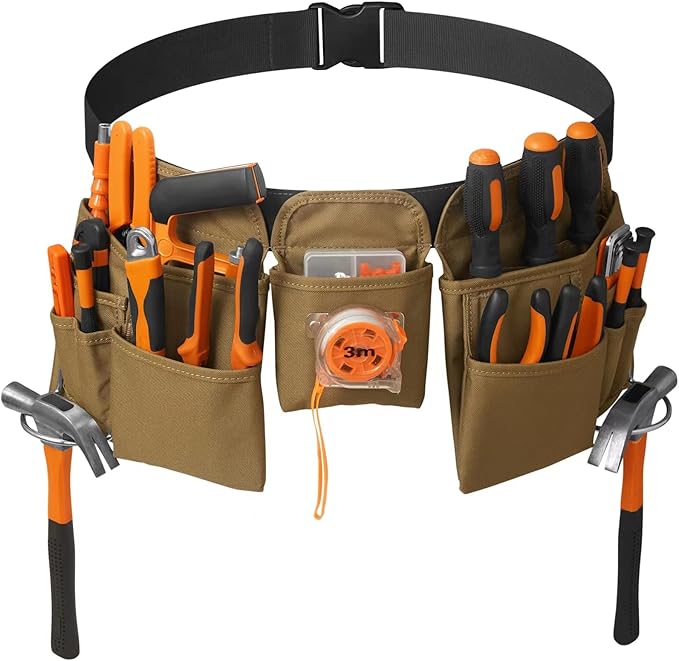 19 Pocket Tool Belts with Quick Release Buckle, Adjustable Utility Belt,Work Apron for Men and Women,for Garden,Electrician,Carpenter,Construction,Gifts(Khaki)