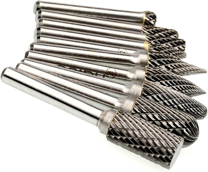 Carbide Burr Set 10pcs Die Grinder Bits 1/2 Inch Cutting Burrs 1/4 Inch Shank Double Cut Carbide Rotary Burr Set for Die Grinder Drill,Metal Carving,Polishing,Engraving,Drilling