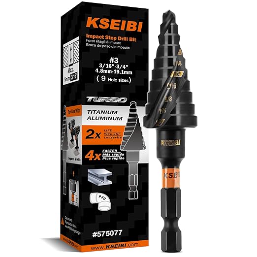 KSEIBI 9 Steps 3/16-3/4 inch SAE Standard Industrial Grade Step Drill Bit Ready Impact 1/4 inch Shank, 575077 High-Speed Steel Metal Drill Bits Black Oxide M2 Material