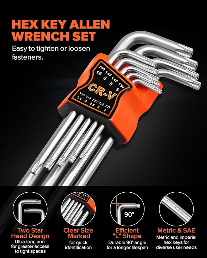 27pcs Allen Wrench Set - Long Arm SAE & Metric Torx Star Ball End Hex Key Set