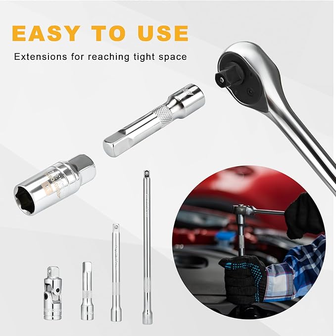 AEROFORCE 12PCS 3/8" Drive Spark Plug Socket Set with Ratchet Handle, Universal Joint, Extension Bar & Spark Plug Gapper, Fits 9/16", 5/8", 3/4", 13/16", 14mm, 18mm, CR-V Steel with Rubber Holder Ring