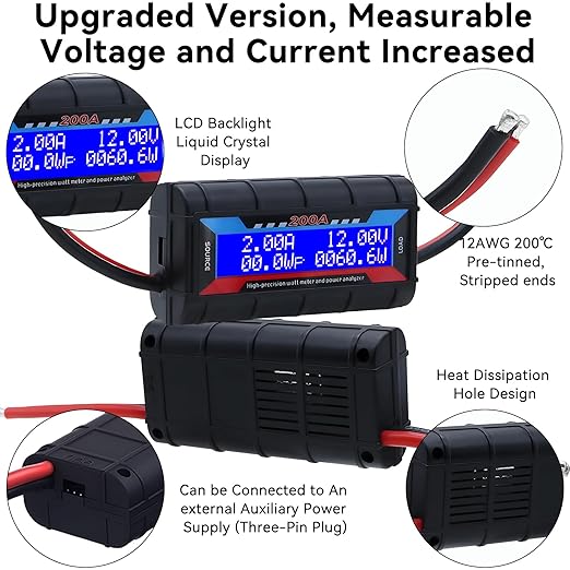 60V 200A Watt Meter Power - High Precision Power Monitor Power Consumption Meter Battery Analyzer Tester with Digital LCD Screen for RC Solar Wind Power Ebike(12000W) (60V200A)