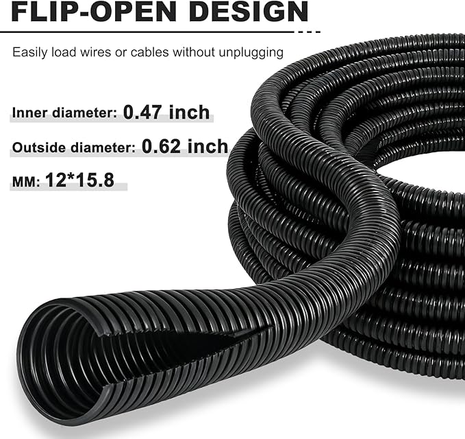 50FT 3/4 inch Split Wire Loom Tubing Kit with 2 Clamps - Flexible Abrasion Resistant Conduit for Automotive, Mechanical Cable Protection