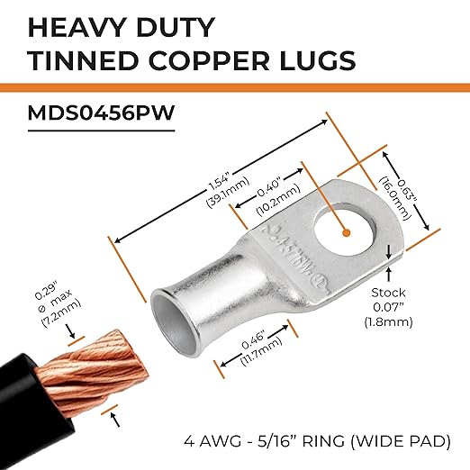 SELTERM 25pcs 4 AWG 5/16" Stud (Wide Pad) Marine Grade Tinned Copper Battery Cable Lugs,4 Guage Ring Terminals,UL Wire Lugs Electrical Battery Cable Ends,Tinned Copper Lugs Battery Terminal Connectors