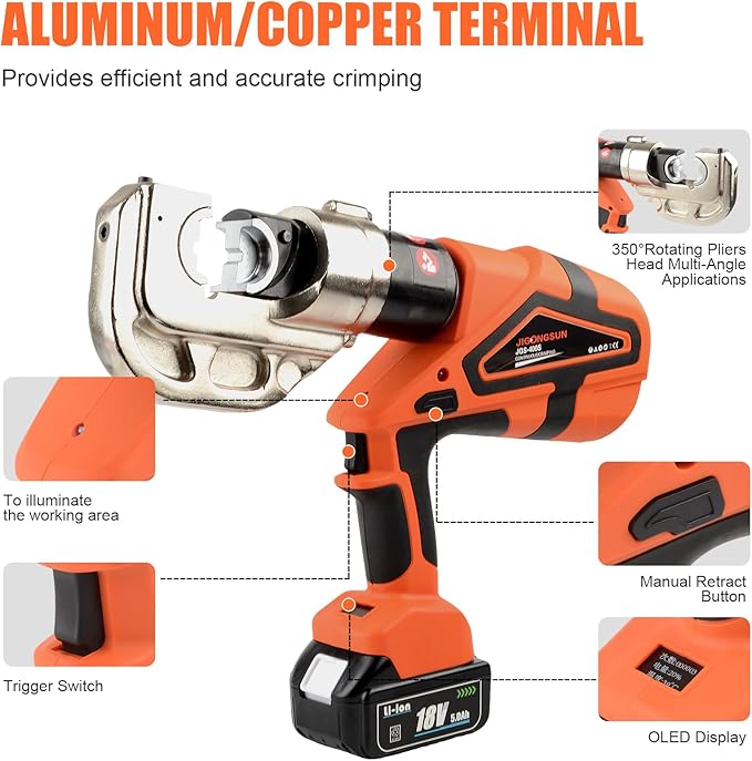 Electric Hydraulic Crimping Tool, Battery Cable Crimper Tool, 12 Ton Wire Crimpers Electrical, Crimping Rang 8AWG-800MCM(10-400m²) and Electrical Crimping Tool 13 Pairs of Dies (JGS-400S)