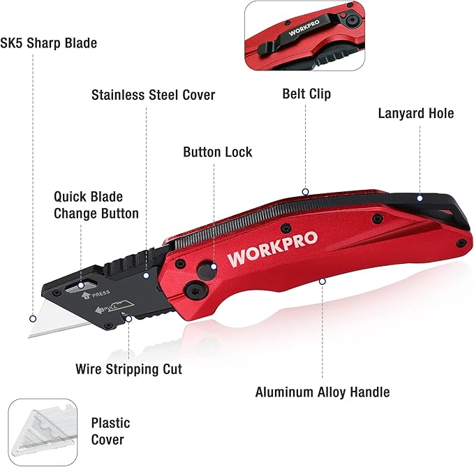 WORKPRO Folding Utility Knife, Heavy Duty Metal, Quick Open Axis Lock Box Cutter, Quick Change Blade Razor Knife, 1PC with 10 Extra SK5 Blades