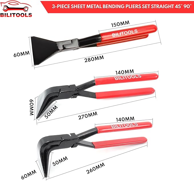 BILITOOLS 3-Piece Hand Seamer Sheet Metal Tools, Sheet Metal Bending Pliers Set Straight, 45° & 90° Bending Tool Comfort with Grip Handle
