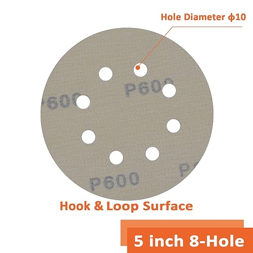 Sanding disc 5 Inch 8 Holes Mixed 60 Pack,Orbital Sander Pads,Hook and Loop Wet/Dry Gold Sandpaper,Include 80,100,120,150,220,320 Grit Each of 10 Pack