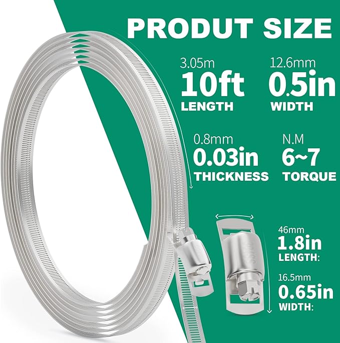 10FT Hose Clamps,304 Stainless Steel Hose Clamp Assortment Kit DIY Metal Strapping with Holes+8 Fasteners,Adjustable Worm Gear Large Hose Clamps Metal Band Screw Clamp Straps for Pipe,Duct,Tube