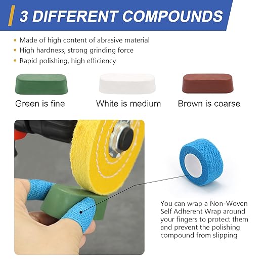 SCOTTCHEN 4inch Buffing Polishing Wheel with 1/4" Shank for Drill, 1/2" Arbor Hole,Soft/Fine/Medium -3pcs,with Buffing Polishing Cutting Compounds 7.4 Oz.Kit,with 2 Pack Non-Woven Bandage