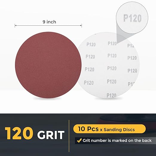 HARFINGTON 10 Pcs 9 Inch Sanding Disc 120 Grit Hook and Loop Sandpaper Random Orbital Sander Pads for Woodworking Automotive Metal Polishing