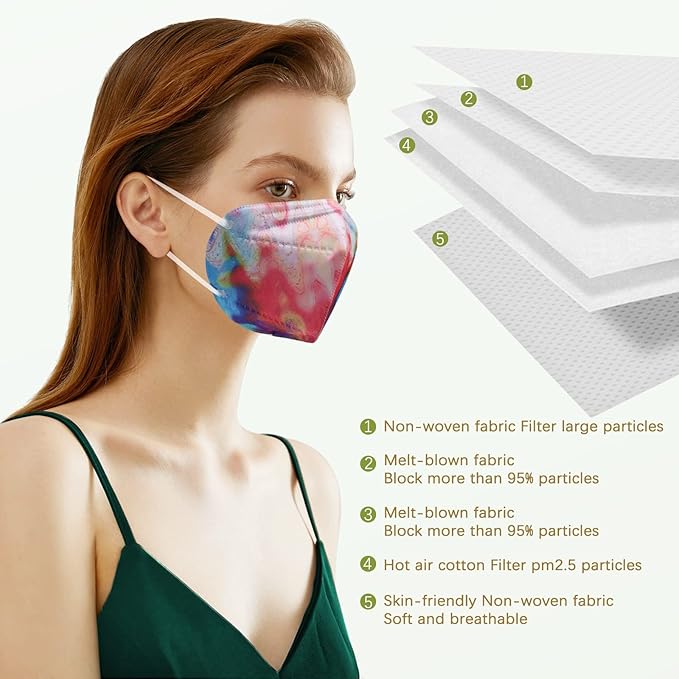 KN95 Face Masks 50 Pack Tie Dye Breathable Safety Respirator 5-Ply Multicolor Cup Dust Disposable KN95 Mask For Adult