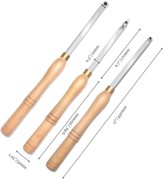 Woodturning Carbide Lathe Tools, 17” Full Size Wood Turning Tool Set of 3 Rougher Detailer Finisher, Includes Replacement Cutter Inserts