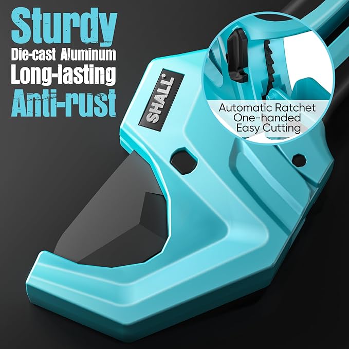SHALL PVC Pipe Cutter, Cuts up to 2-1/2”, Heavy-Duty Aluminum Ratchet Pipe Cutter Tool for PVC, PPR, PE, PEX, Plastic Hoses & Plumbing Pipes, Fast Pipe Tube Cutters with High Performance SK5 Blade