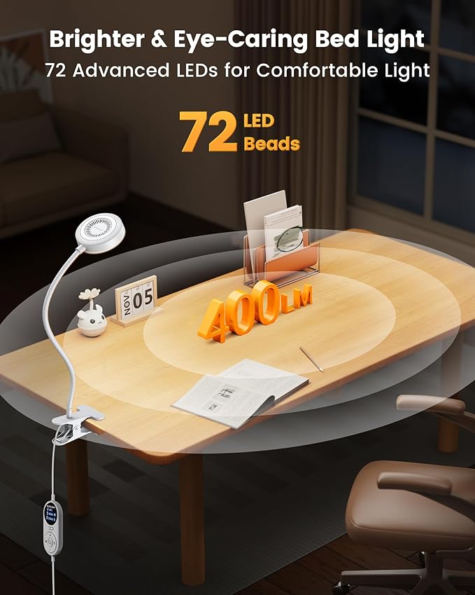 Glocusent 5W 72 LED Reading Clip on Light for Bed, Eye Caring Bed Lamp, 3 Colors & 5 Brightness Levels for Headboard with Adapter, Perfect for Reading, Working & Studying (White 2.0)