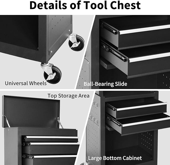 Rolling Tool Chest, 3-in-1 Detachable Metal Tool Box with Wheels & Drawers, High Capacity Toolbox Organization Sliding Drawers Garage Storage Box Cabinet Tools Cart for Warehouse Workshop