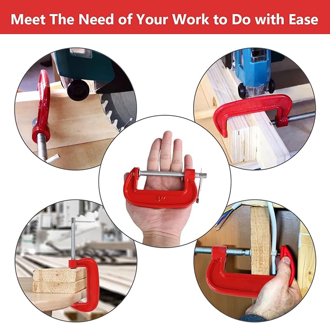10 Piece 3 Inch C-Clamp Set - Industrial Strength, Heavy Duty C-Clamp Quick-Grip, Quality Iron C Clamps for Woodworking, Welding, and Building(Red)