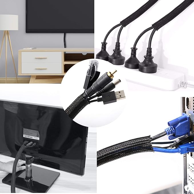 CrocSee 10ft - 3/4 inch Braided Cable Management Sleeve Cord Protector - Self-Wrapping Split Wire Loom for TV/Computer/Home Theater/Engine Bay - Black